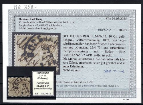 DR Mi 12 Federzug + Stempel, ME 400€, Befund Krug BPP