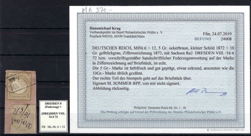 DR Mi 6 ° + 12 federzug, Briefstück, ME 380€, mit Befund Krug BPP