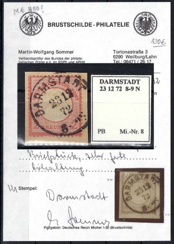 DR Mi 8° Briefstück ideal gest. Darmstadt, Befund Sommer BPP