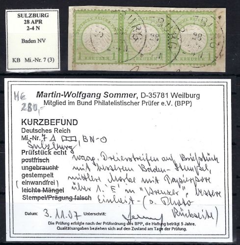 DR Mi 3 3er-Str. auf ∆ mit Baden Stempel. Sulzburg, ME 280€