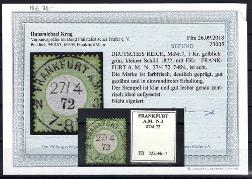 DR Mi 7 ideal gestempelt, Befund Krug BPP, so kaum zu finden !
