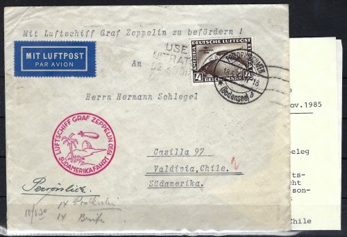 DR Mi 498 Zeppelinbrief Südamerikafahrt 1930, n. Valdivia (Chile)