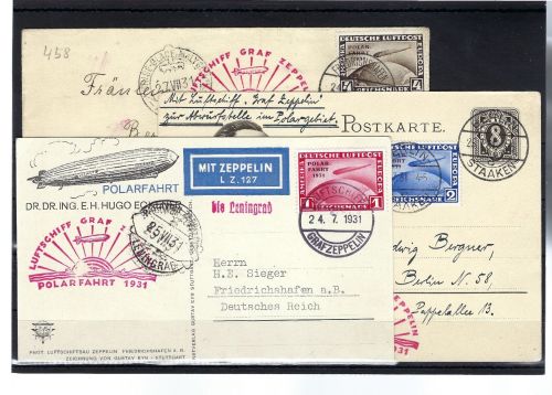 DR Mi 456-458 auf Karten / Beleg, Polarfahrt 1931, 1x via Leningrad