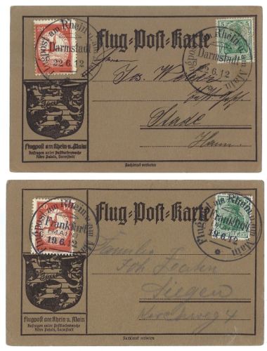 DR 2 Flugpostkarten Rhein am Main, dabei Junker & Ruh-Gasherde