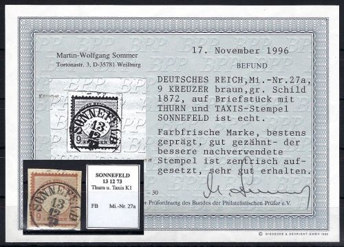 DR Mi 27a Luxus ∆ mit TuT Stemp. Nachverwendung Sonnefeld, Befund BPP