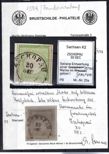 DR Mi 23 mit seltenem K1 Zschopau auf ∆, Verwendung im Groschengebiet