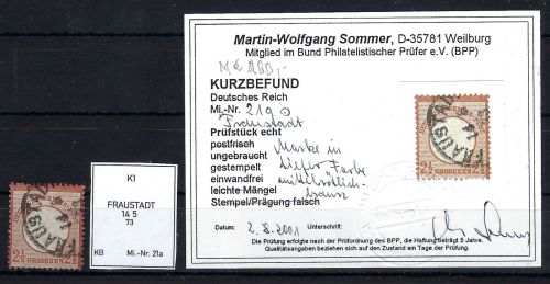 DR Mi 21a ° Fraustadt, mit KB Sommer BPP