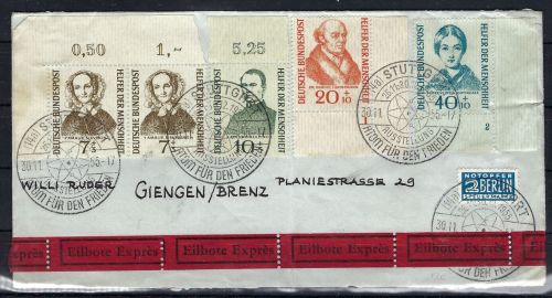 Bund Mi 222-25 Brief, mit 222 Ecke Ol, 224+25 Ecke UR mit Pl. Nr. 1+2