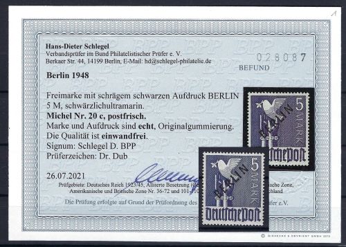 C) Berlin Mi 20c **, ME _._ ohne Preis, Befund Schlegel BPP, Luxus Stück !