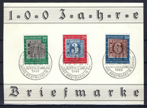 C) Bund Mi 113-115 auf Gedenkkarte "100 Jahre Briefmarke, mit SoSt
