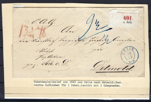 C) Hannover Paketbegleitbrief Celle n. Detmold, Taxe Vermerk