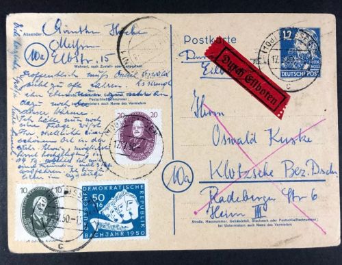 P) DDR Mi 302 auf Ganzsache / Eilboten, MiF Meissen - Klotzsche