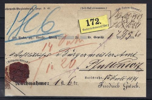 P) Altdeutschland, Nachnahmebrief Carlsruhe n. Fluttendorf (AT) 1871