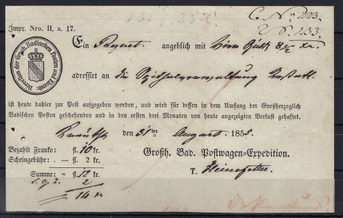 P) Altdeutschland, Baden, Postkutsche, Postwagen-Expedition 1855