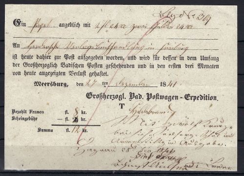 P) Altdeutschland, Baden, Postkutsche, Postwagen-Expedition 1841