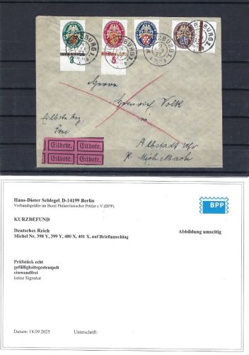 P) DR Mi 399-401 Satzbrief einwandfrei, KB Schlegel BPP