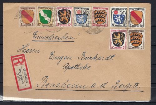P) Fr. Zone All. Ausgaben Mi 5 + weitere, R-Brief Westhofen n. Bensheim