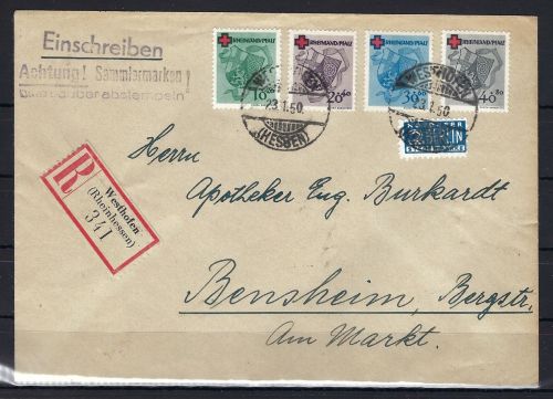 P) Fr. Zone Rheinland Pfalz Mi 42-45 A Satzbrief / R-Brief n. Bensheim