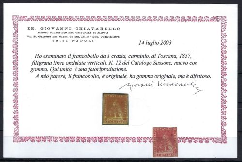 P) Altitalien Toskana Mi 12 * Gummi, Expertise Chiavarello, ME 7.000€