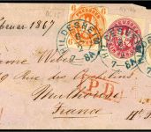 P) Preußen 1867, Mi 15, 16, 18 Dreifarbenfrankatur MiF Auslandsbrief