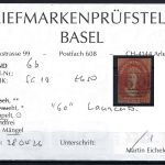 A) Tasmanien Mi 6 b ° Befund Prüfstelle Basel, Mängel, ME 1.000€