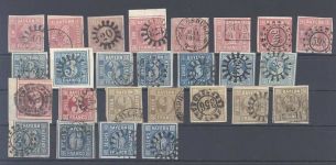 Bayern, gestempelter Posten ab Kreuzerausgaben auf 3 Steckkarten