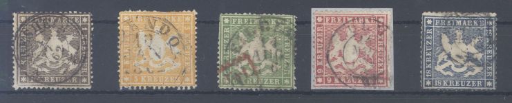 Württemberg Michel Nummer 16-20, dünnes Papier 1861 gestempelt