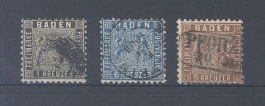 Baden Michel Nummer 13-15, Freimarken 1862 gestempelt, geprüft BPP