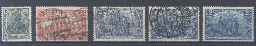Dt. Reich, 5 */gestempelte Werte aus Michel Nr. 85-84-97 II, geprüft BPP
