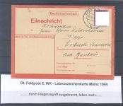 Dt. Feldpost 2. WK, Eilnachrichten- Lebenszeichenkarte 1944 Mainz