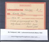 Dt. Feldpost 2. WK, Eilnachrichten- Lebenszeichenkarte 1944 Mainz