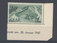 Saarland Michel Nr. 238 Z I, 50 F. Freimarken 1947 ** Eckrandwert, gp BPP
