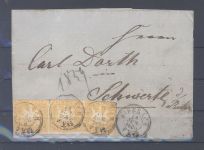 Württemberg, Bahnpost Brief mit 3 x 3 Kreuzer als MeF aus Biberach