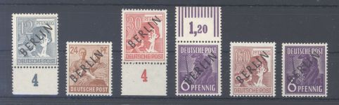 Berlin, 6 Werte aus Schwarzaufdruck 1949 mit Besonderheiten **
