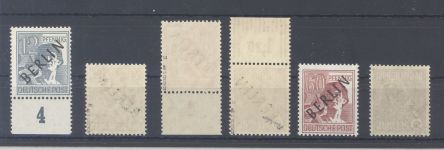 Berlin, 6 Werte aus Schwarzaufdruck 1949 mit Besonderheiten **