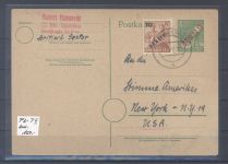Berlin, gelaufene GA P 3 1949 mit 10 Pfg. ZuF in die USA