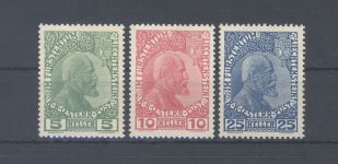 Liechtenstein Michel Nr. 1-3y, Freimarken 1915 ungebraucht *, Befund