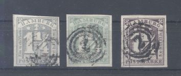 Hamburg, 3 x Michel Nummer 8 in verschiedenen Farben