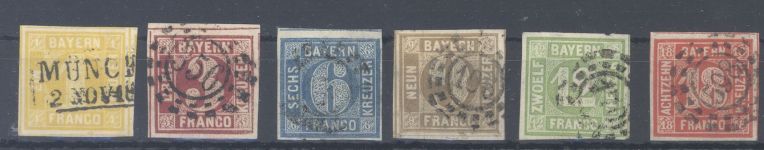 Bayern Michel Nummer 8-13, Freimarken 1862 gestempelt, geprüft