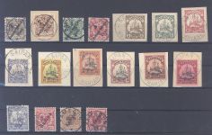 Dt. Kolonien, gestempelter Posten geprüfter Werte auf Steckkarte