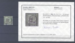 Baden Michel Nummer 21b, 18 Kreuzer 1862 gestempelt, Befund Brettl
