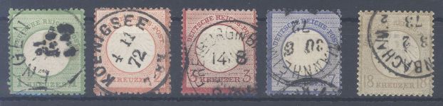 Dt. Reich Michel Nummer 7-11, Kreuzer 1872 gestempelt, 7 und 11 gp. BPP