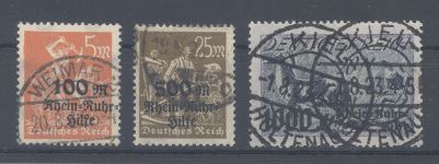 Dt. Reich Michel Nummer 258-60, Rhein- und Ruhrhilfe gestempelt, geprüft Infla