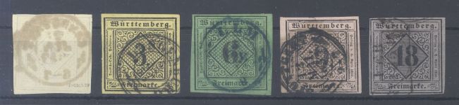 Württemberg Michel Nummer 1-5, Freimarken 1851 gestempelt
