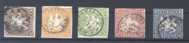 Württemberg Michel Nummer 11-15, Freimarken 1857 gestempelt.
