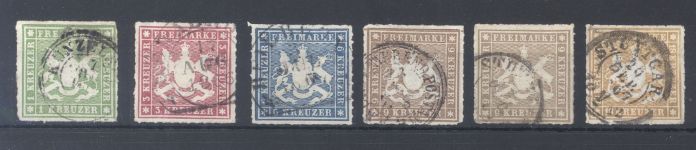 Württemberg Michel Nummer 30-34, Freimarken 1865 gestempelt