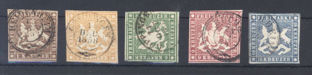 Württemberg Michel Nummer 6-10, Freimarken 1857 gestempelt