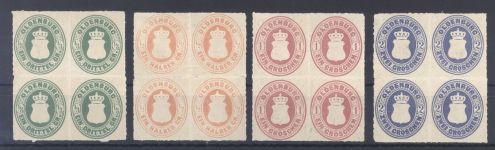 Oldenburg, 4 */** Viererblöcke aus Michel Nummer 15-19, geprüft