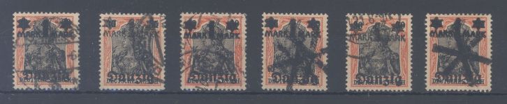 Danzig, 6 x Mi.Nr. 41 I, 1 Mark Freimarke 1920 gestempelt, geprüft Infla