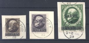 Saargebiet Michel Nr 27, 28 und 31 aus Sarre 1920 Briefstücke, geprüft